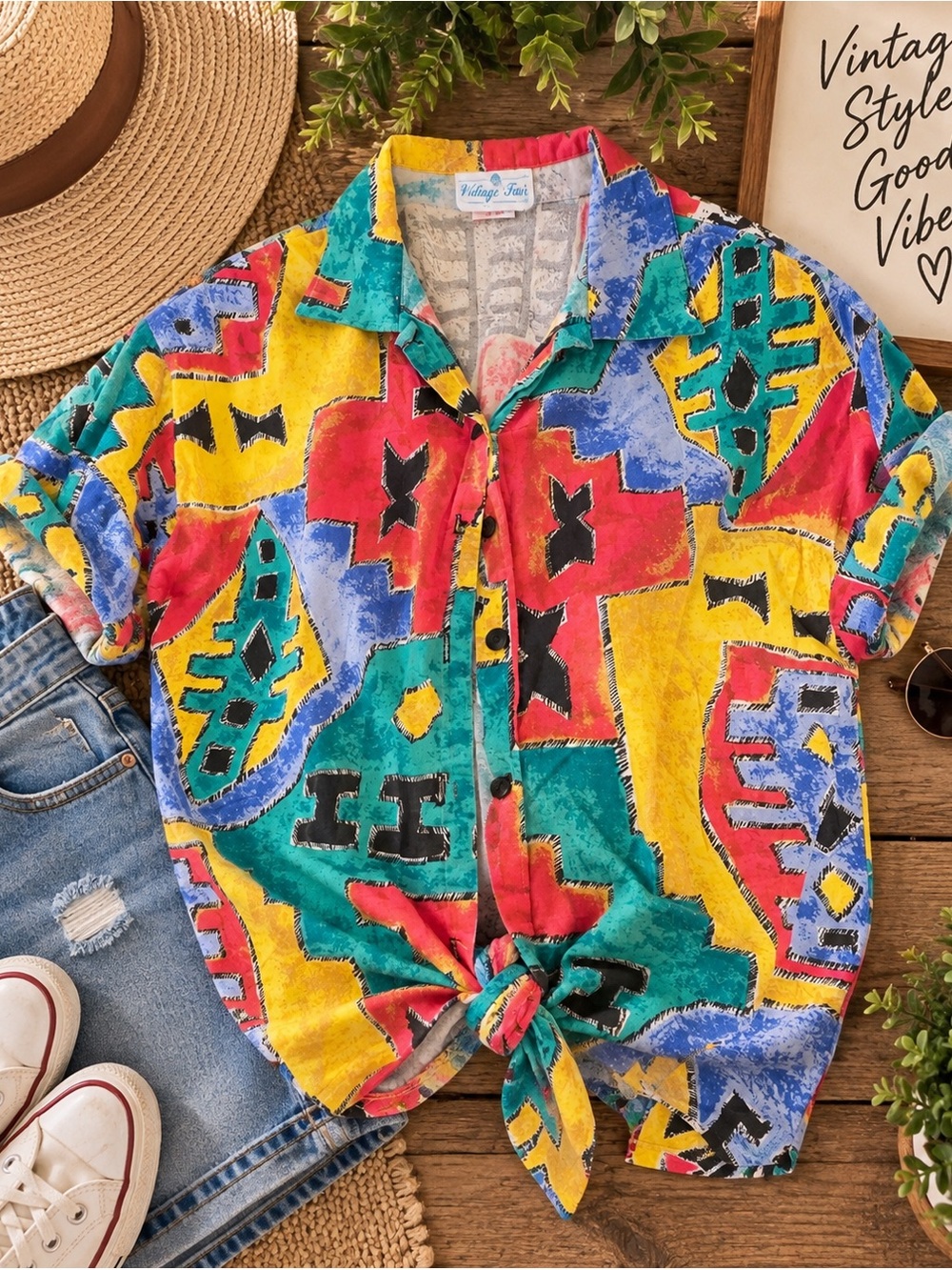 Vintage Village Fair Abstract Geometric Colorblock Cotton Button Up Shirt XL